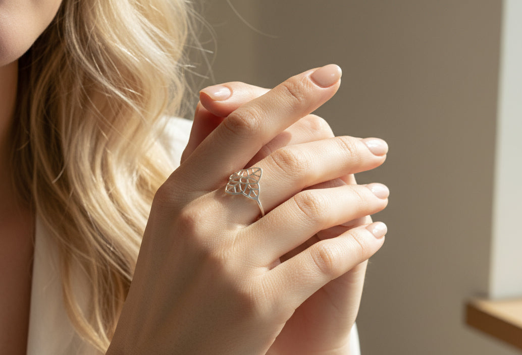 Bague Feuille Ajourée Argent 925 • Anneau Filigrane Style Végétale Minimaliste • Bijou femme • Cadeau Bohème