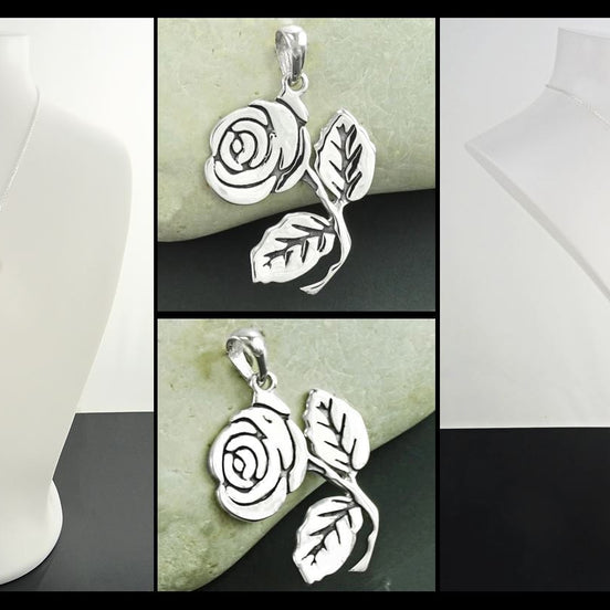 Pendentif Rose Argent, Argent 925, Romantique Pendentif Fleur, Handmade Bague bouton-de-rose, Pendentif Rose Vintage, Bijou Saint Valentin