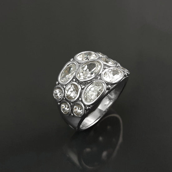 Grande Bague Bling Bling, Bague Argent 925, Bague Large Ovale, Bague Zirconia Couleur Diamant, Anneau multiple pierres, Design Vintage