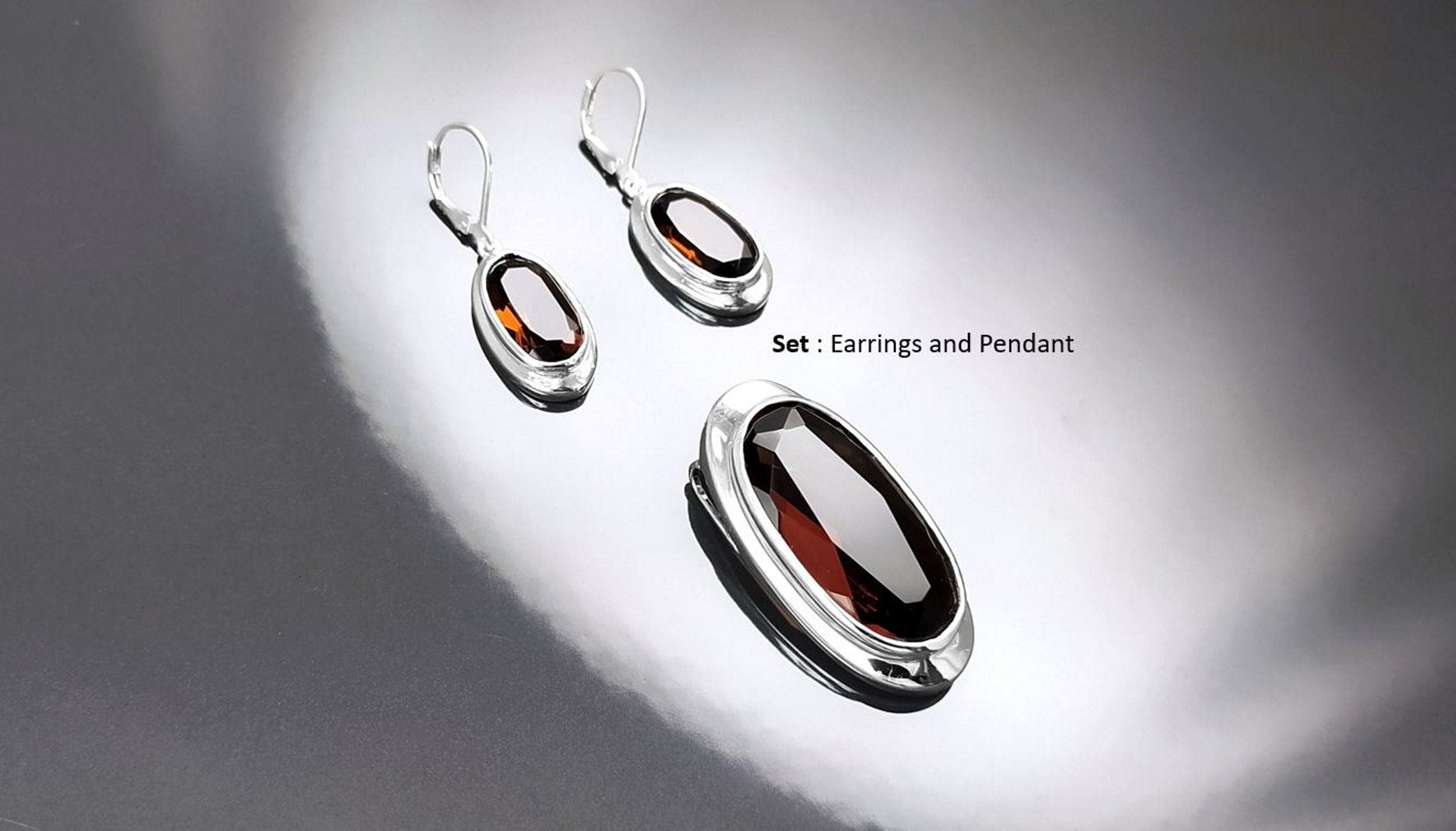 Parure Boucles et Grand Pendentif Ovale Couleur Chocolat Argent Massif 925 