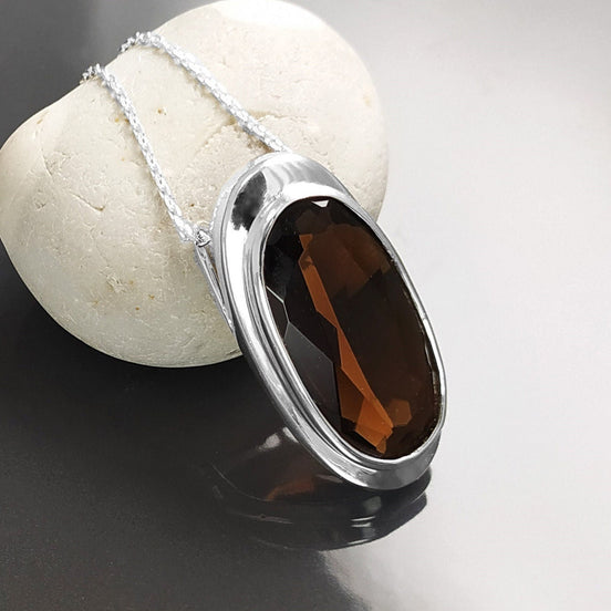 Grand Pendentif Ovale Couleur Chocolat Argent Massif 925