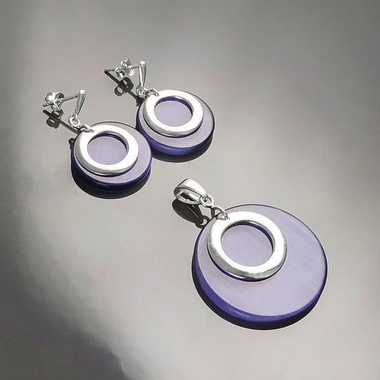 Parure Rondes pendantes Couleur Améthyste Argent Massif 925 boucles et pendentif