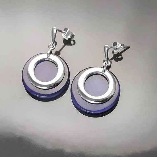 Boucles d'oreilles Rondes pendantes Couleur Améthyste Argent Massif 925