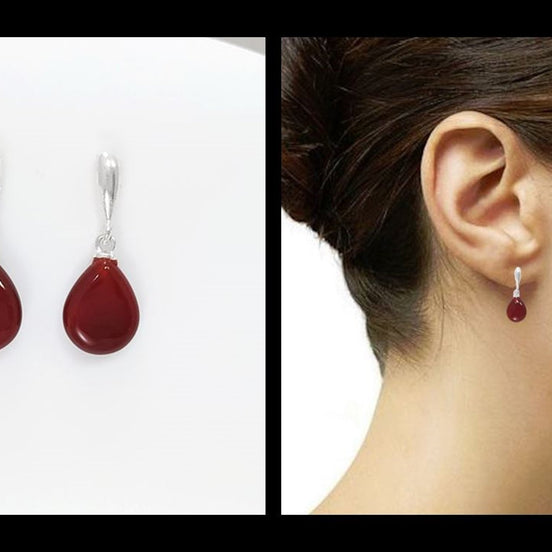 ROUGE AGATE Argent 925 -Boucles d'oreilles Courte, Boucles Rouge Pendantes sur Tige, Pierre Rouge en forme de Gouttes, Petite Boucles.