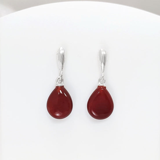 ROUGE AGATE Argent 925 -Boucles d'oreilles Courte, Boucles Rouge Pendantes sur Tige, Pierre Rouge en forme de Gouttes, Petite Boucles.