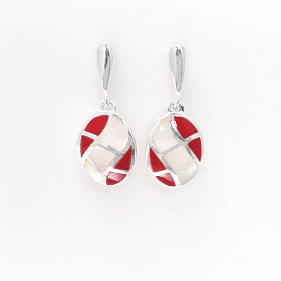 Rouge Blanc, Boucles d'Oreilles Mosaique, Nacre Résine, Mariage - Argent Massif 925, abstrait, Nacre Blanche, Résine Rouge, Unique, Nouveau
