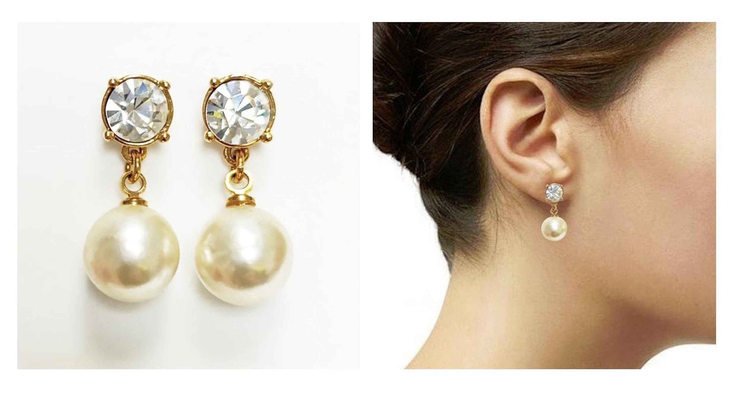  vue rapprochée Boucles d'Oreilles Pendantes Cristal et Perle Plaqué Or 18K