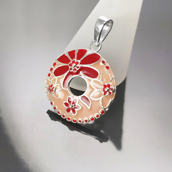 Pendentif Fleur Rouge Rose Argent 925, émail couleur rouge, collier pendentif rond à motif floral, Fleur tropicale, bijoux style tahitien