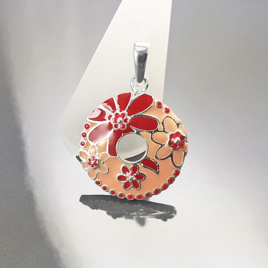Pendentif Fleur Rouge Rose Argent 925, émail couleur rouge, collier pendentif rond à motif floral, Fleur tropicale, bijoux style tahitien