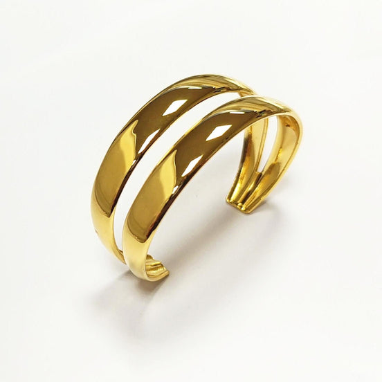 Jonc deux rangs • Doré Or Fin 18K • Bracelet manchette ouvert à double rangées superposées • Bijou minimaliste moderne • Cadeau pour femme