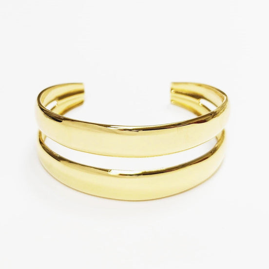 Jonc deux rangs • Doré Or Fin 18K • Bracelet manchette ouvert à double rangées superposées • Bijou minimaliste moderne • Cadeau pour femme
