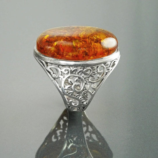 Bague Ambre Véritable Ovale de couleur Cognac sur monture Argent Massif 925 vue de profile