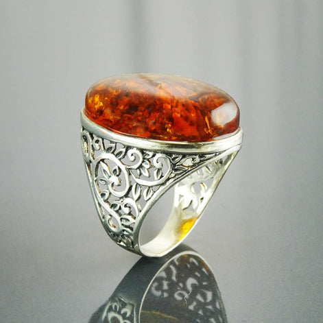 Bague Filigrane en Argent 925 Ambre Véritable Ovale vue de profile