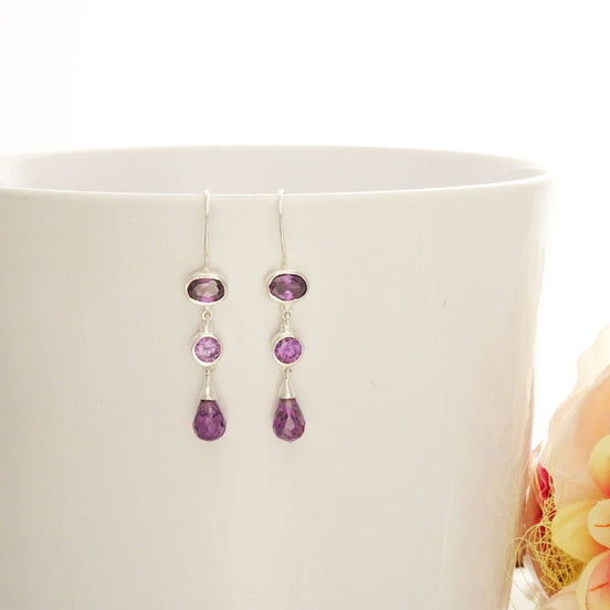 Violet Boucles Améthyste Crochets Argent 925 - Boucles d'oreilles Pendantes serties de Zirconias Couleur Améthyste, Parure violette Amthyste