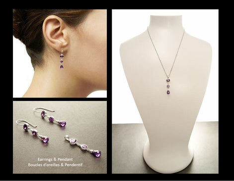 Violet Boucles Améthyste Crochets Argent 925 - Boucles d'oreilles Pendantes serties de Zirconias Couleur Améthyste, Parure violette Amthyste