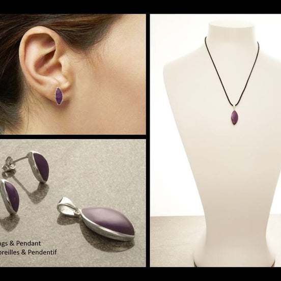 Violet Parure Argent - Bijoux Violets - Parure Violette-  Argent 925 - Résine Violet - Boucles d'Oreilles et Pendentif - Amande, oeil.