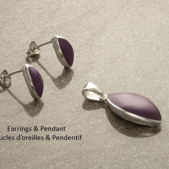 Violet Parure Argent - Bijoux Violets - Parure Violette-  Argent 925 - Résine Violet - Boucles d'Oreilles et Pendentif - Amande, oeil.