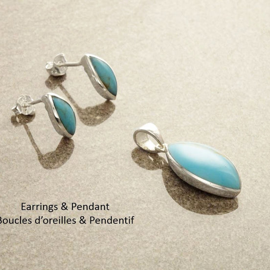 Turquoise Parure Argent - Bijoux Turquoise - Parure Bleu - Argent 925 - Bleu turquoise - Bleu ciel -  Boucles d'Oreilles et Pendentif .