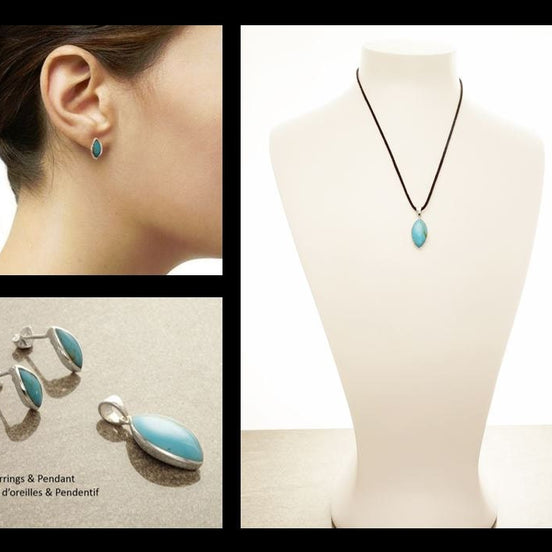 Turquoise Parure Argent - Bijoux Turquoise - Parure Bleu - Argent 925 - Bleu turquoise - Bleu ciel -  Boucles d'Oreilles et Pendentif .