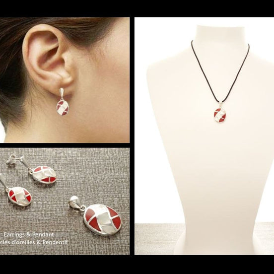 Rouge Blanc, Boucles d'Oreilles Mosaique, Nacre Résine, Mariage - Argent Massif 925, abstrait, Nacre Blanche, Résine Rouge, Unique, Nouveau